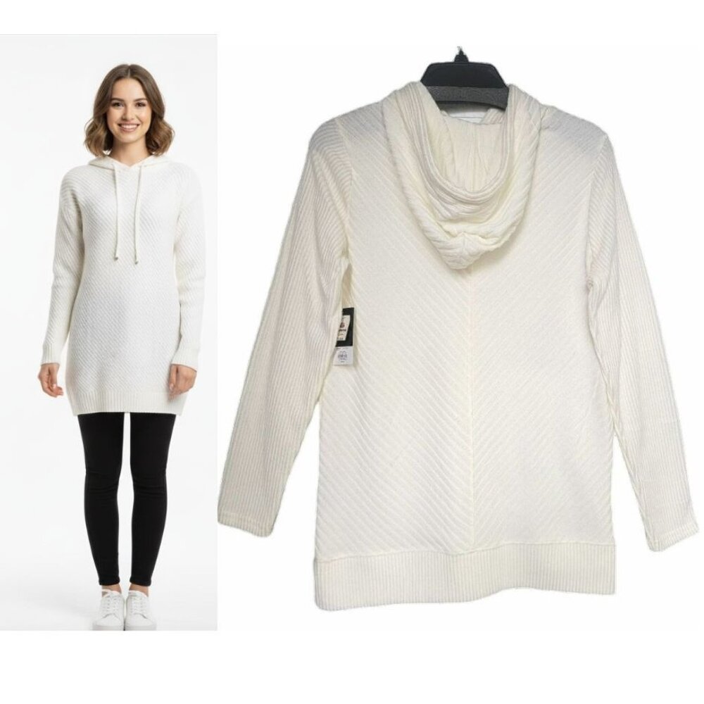 ❤️Nine West Women's Ivory Hooded Tunic Sweater Longline Textured Cable Knit Sz S